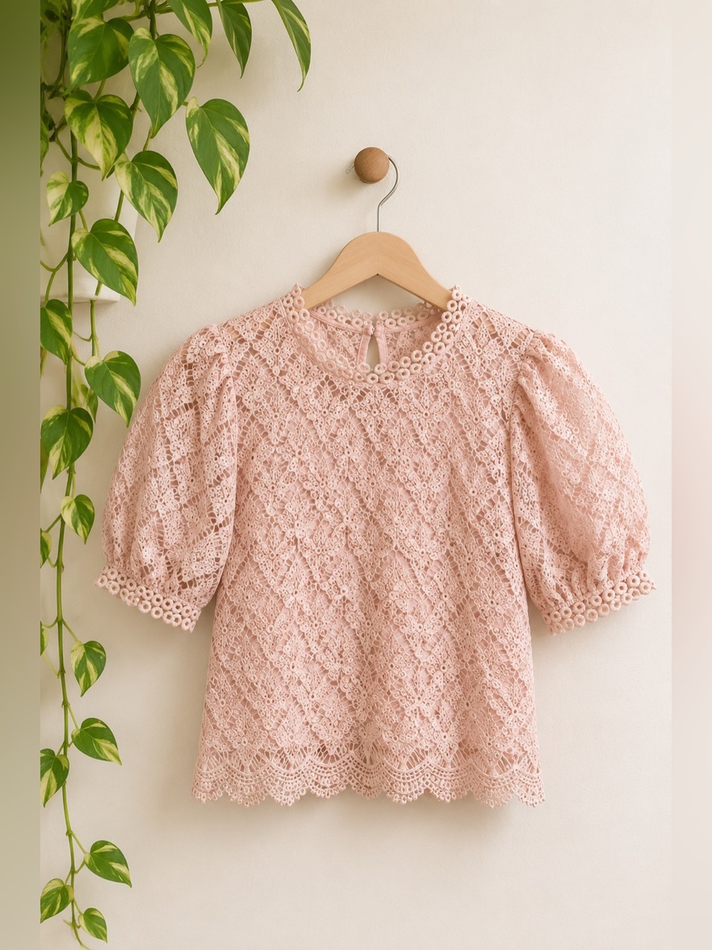 Vintage Pink Lace Prairie Blouse Puff Sleeve Coquette Cottagecore Top Sz S Soft